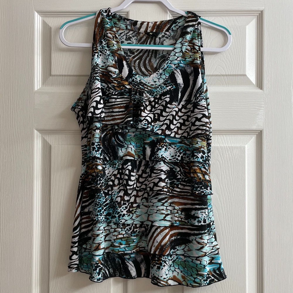 Milano Women's Large Sleeveless Dressy Top Layered Front Teal, Brown & Black
